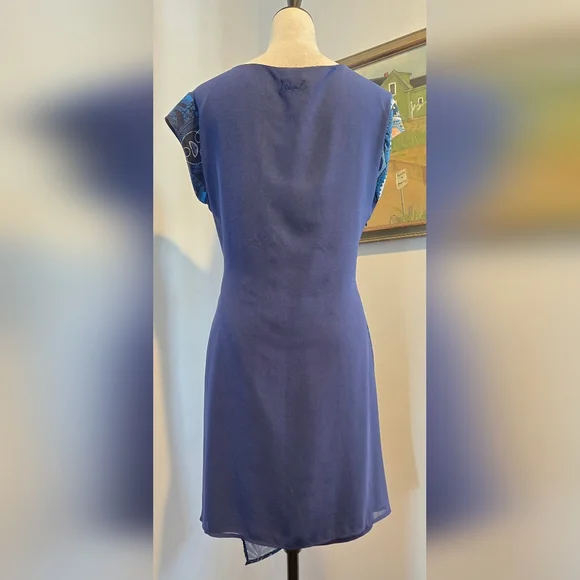 Desigual royal blue print dress rouched cap sleeve sz 44 - Picture 5 of 10